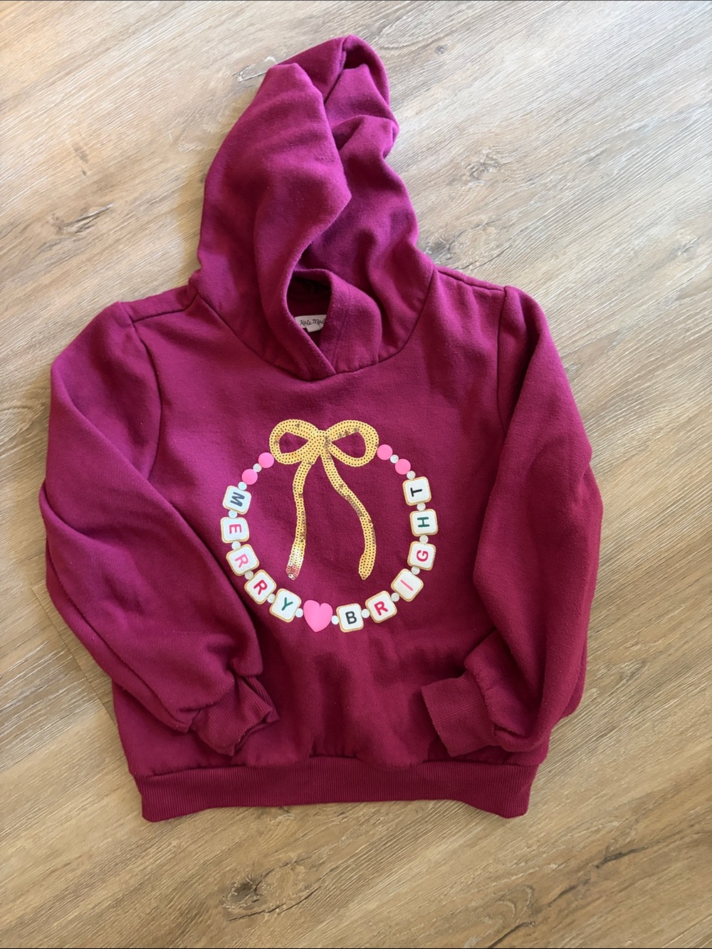 Katie May Kids Hoodie in Berry with Gold Bow and Pink Heart Bead Wreath